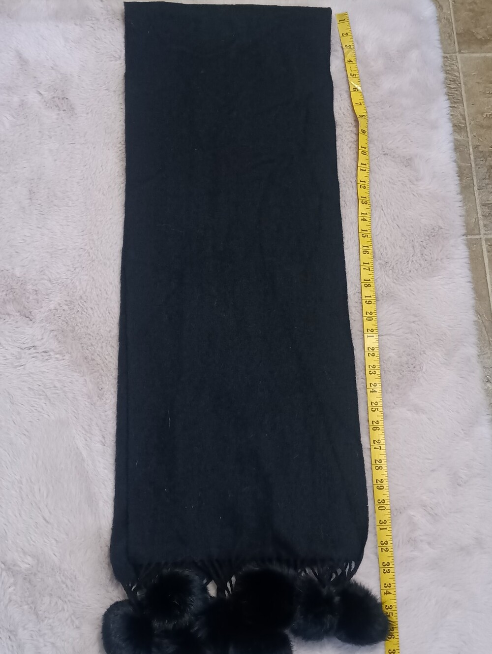 Luxurious 100% Cashmere Black Knit Scarf with Oversized Faux Fur Pom-Poms - Picture 4 of 4